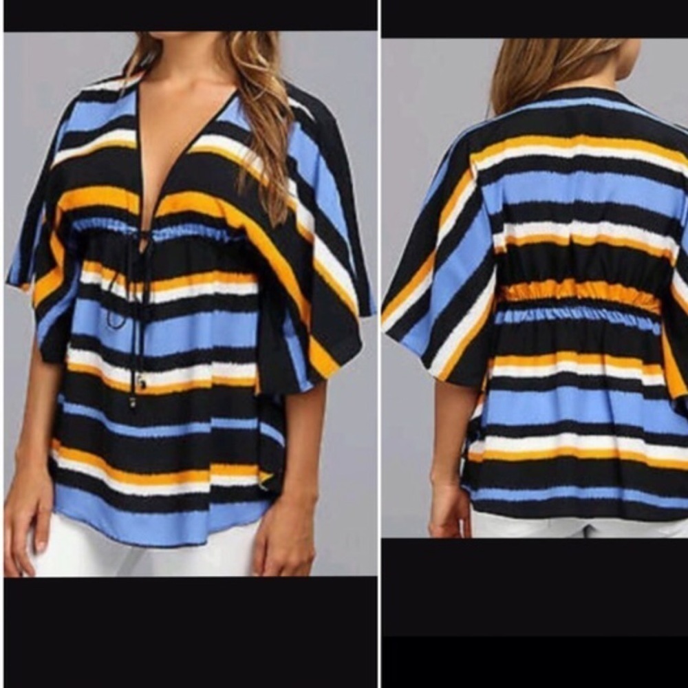 Michael Kors Blue Pattern Print Striped Three Quarter Sleeve V-neck Blouse Sz S